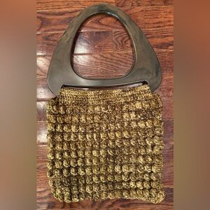 Vintage 70s Crochet Macrame Brown Gold Purse Faux Wood Plastic Handle Clutch Bag